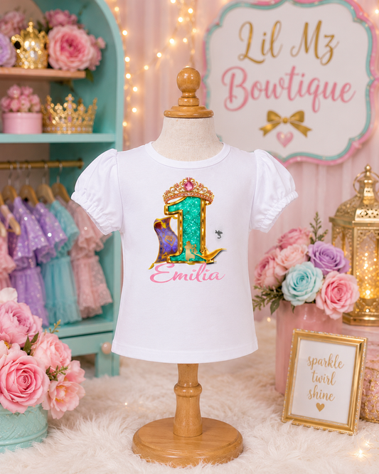White t-shirt with a decorative number 1 design on a mannequin in a store setting with floral decorations.