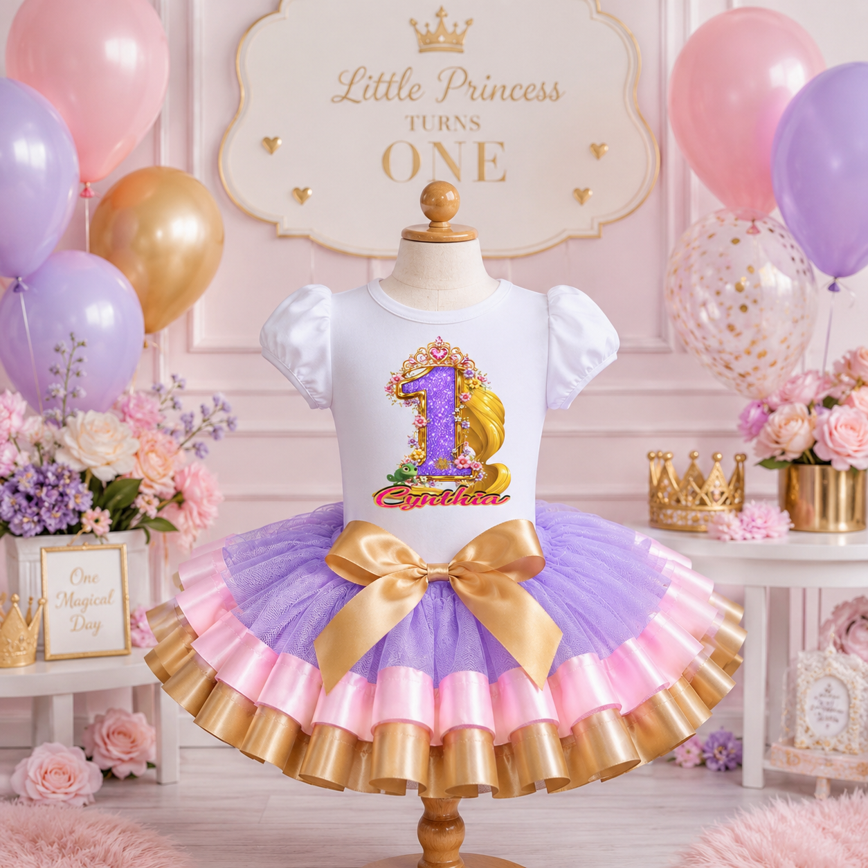 Inspired Princess Rapunzel 1st Birthday Tutu Outfit for Girls | Purple Pink Gold Little Princess Birthday Set