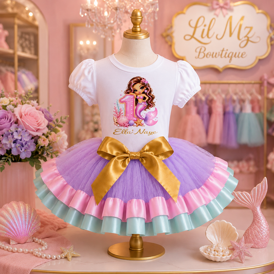 Children's outfit with a dress and top on a mannequin in a decorated room with 'Lil Mz Boutique' sign.