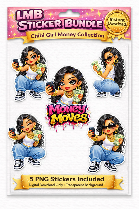 Money Moves 5 Chibi Girl Sticker Bundle Cliparts ( Digital Product)