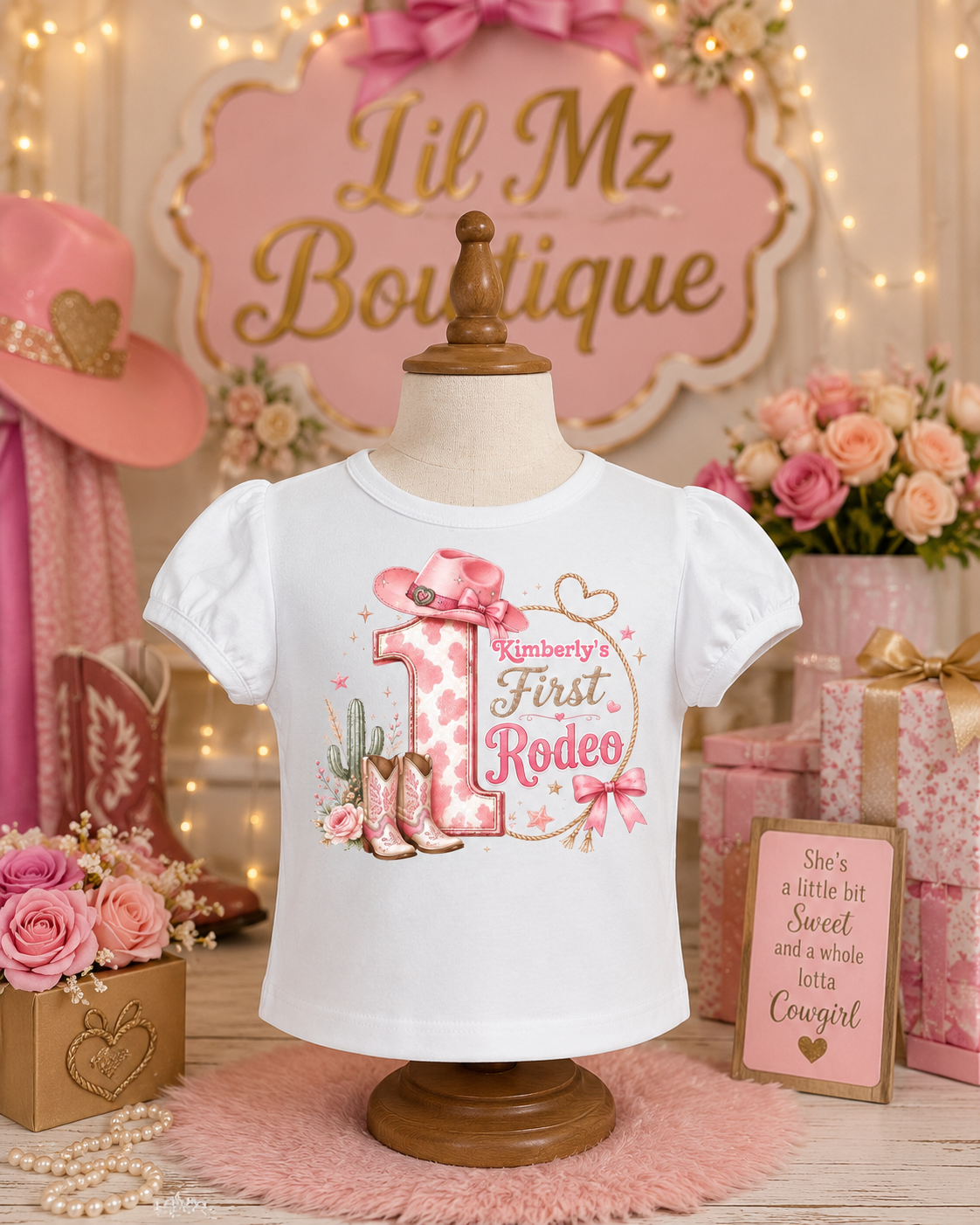 White t-shirt with pink and gold design on a mannequin in a decorated setting with 'Lil Mz Boutique' sign.