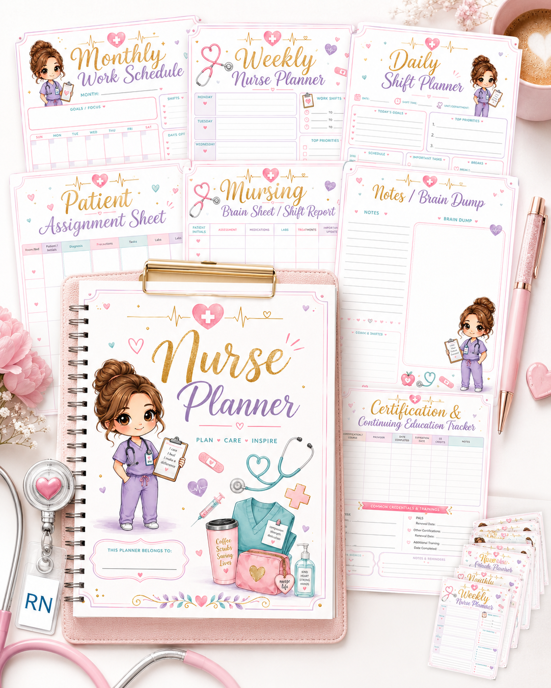 Printable Nurse Planner Bundle – 10-Page Nursing Shift Planner, Brain Sheet, Patient Assignment & Medication Tracker | Digital Download