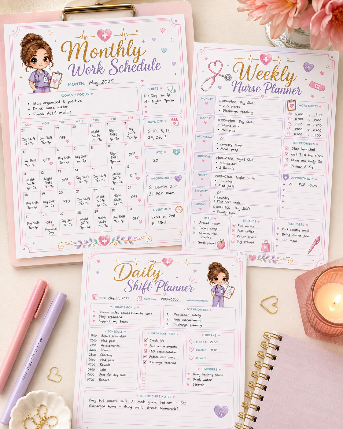 Printable Nurse Planner Bundle – 10-Page Nursing Shift Planner, Brain Sheet, Patient Assignment & Medication Tracker | Digital Download