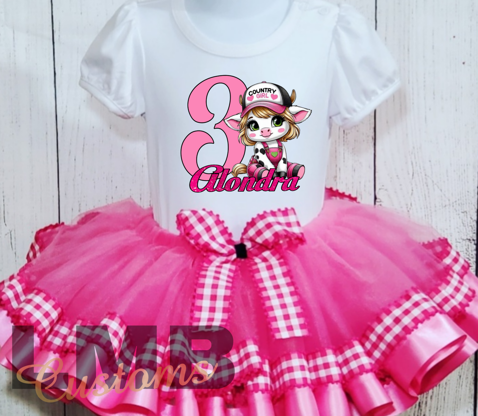 Pink Country Girl Tutu outfit with personalized birthday shirt and pink tulle skirt with gingham ribbon bow