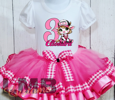 Pink Country Girl Tutu outfit with personalized birthday shirt and pink tulle skirt with gingham ribbon bow