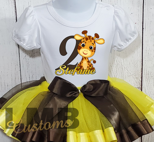 Giraffe theme tutu outfit with personalized name and age on white shirt and yellow brown tutu skirt