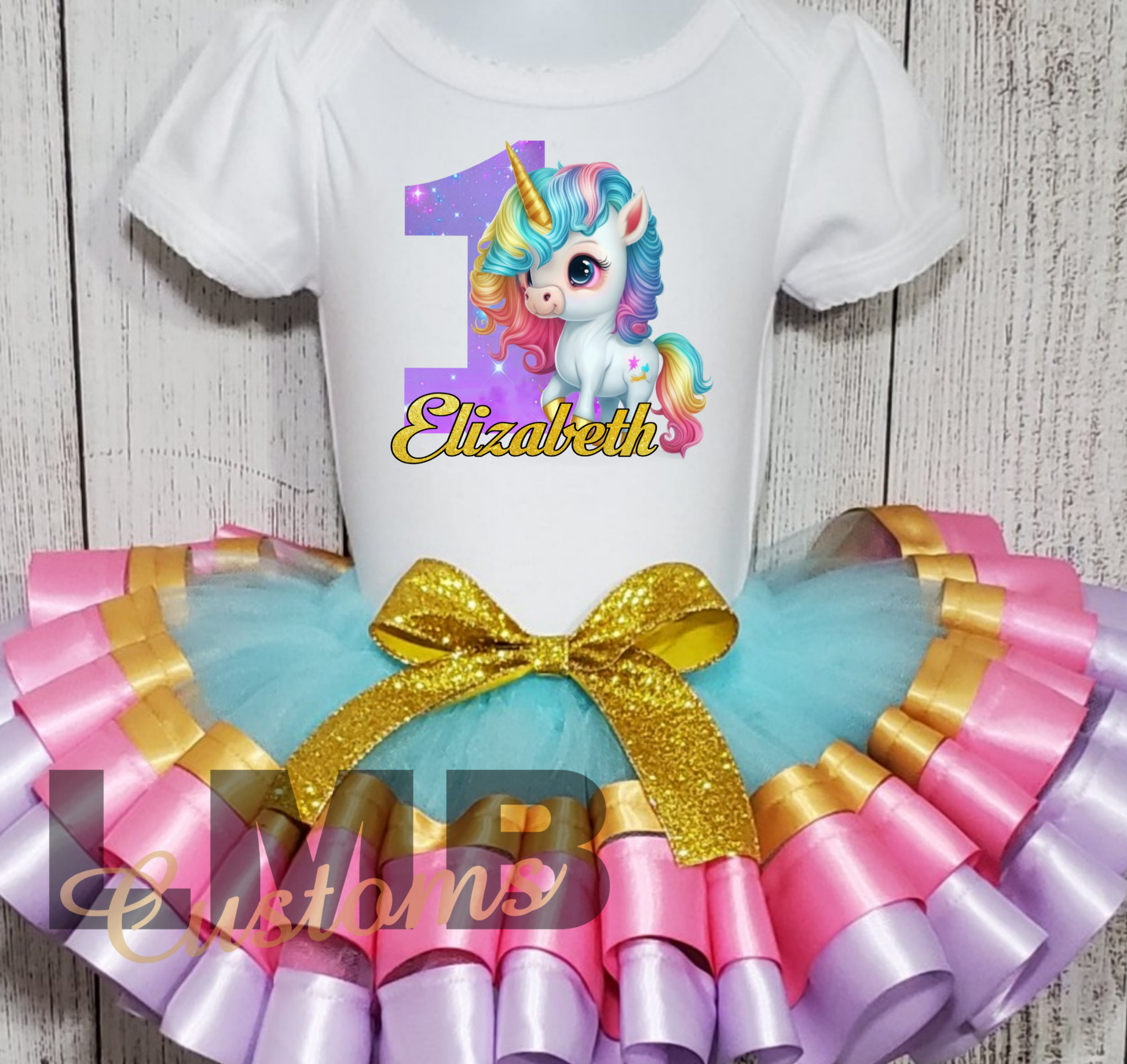 Unicorn theme birthday tutu outfit with customizable name and age, colorful tulle skirt with gold bow and unicorn print shirt