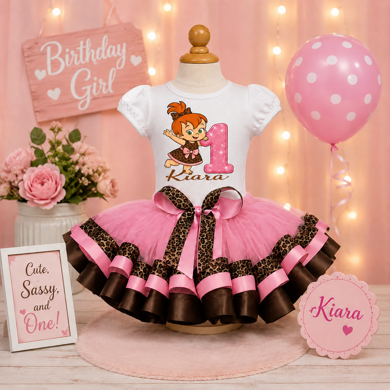 Pink Leopard Cave Girl Birthday Tutu Outfit | 1st Birthday Shirt & Tutu Set