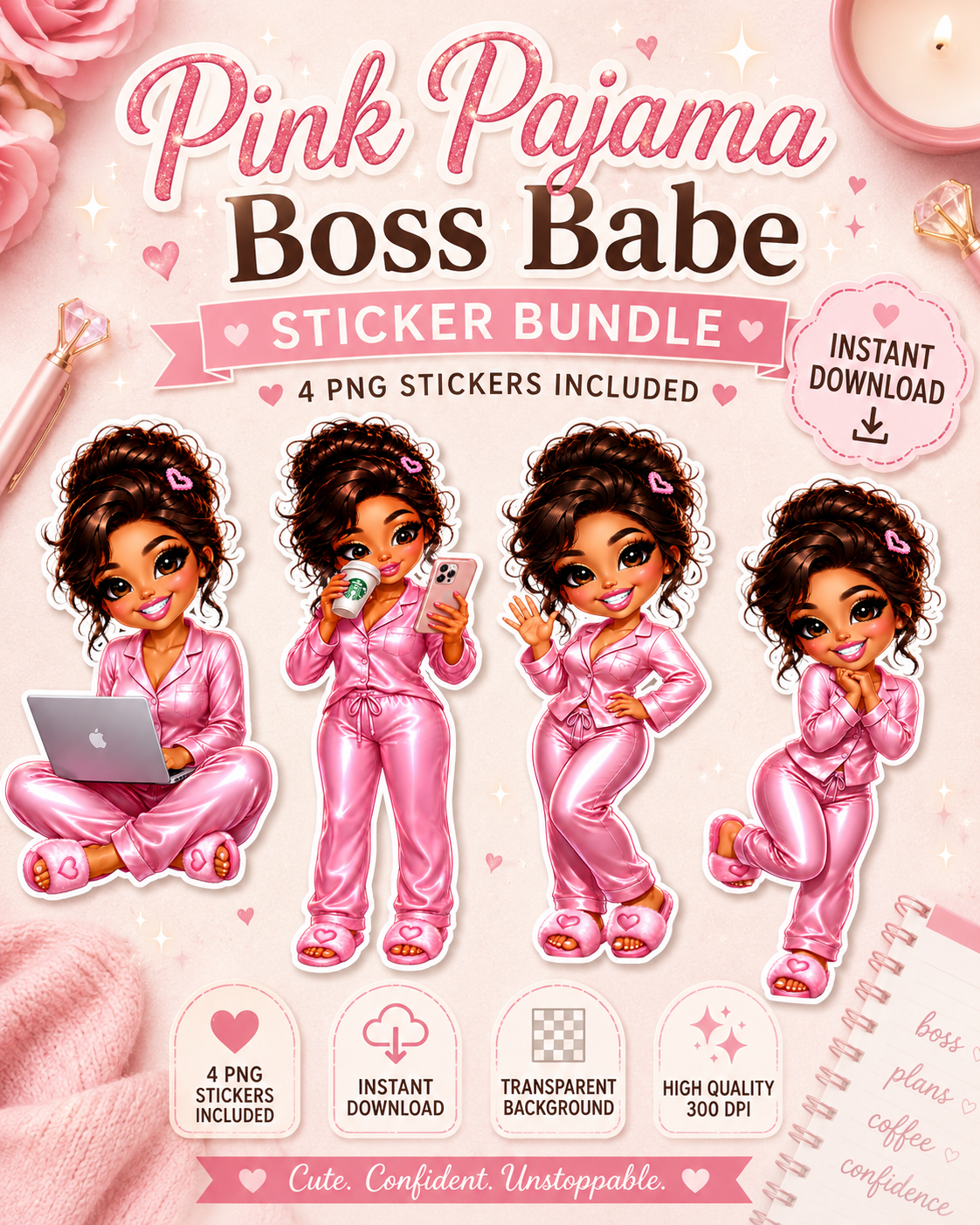 Pink Pajama Boss Babe Sticker Bundle – Cozy Girl Digital Stickers