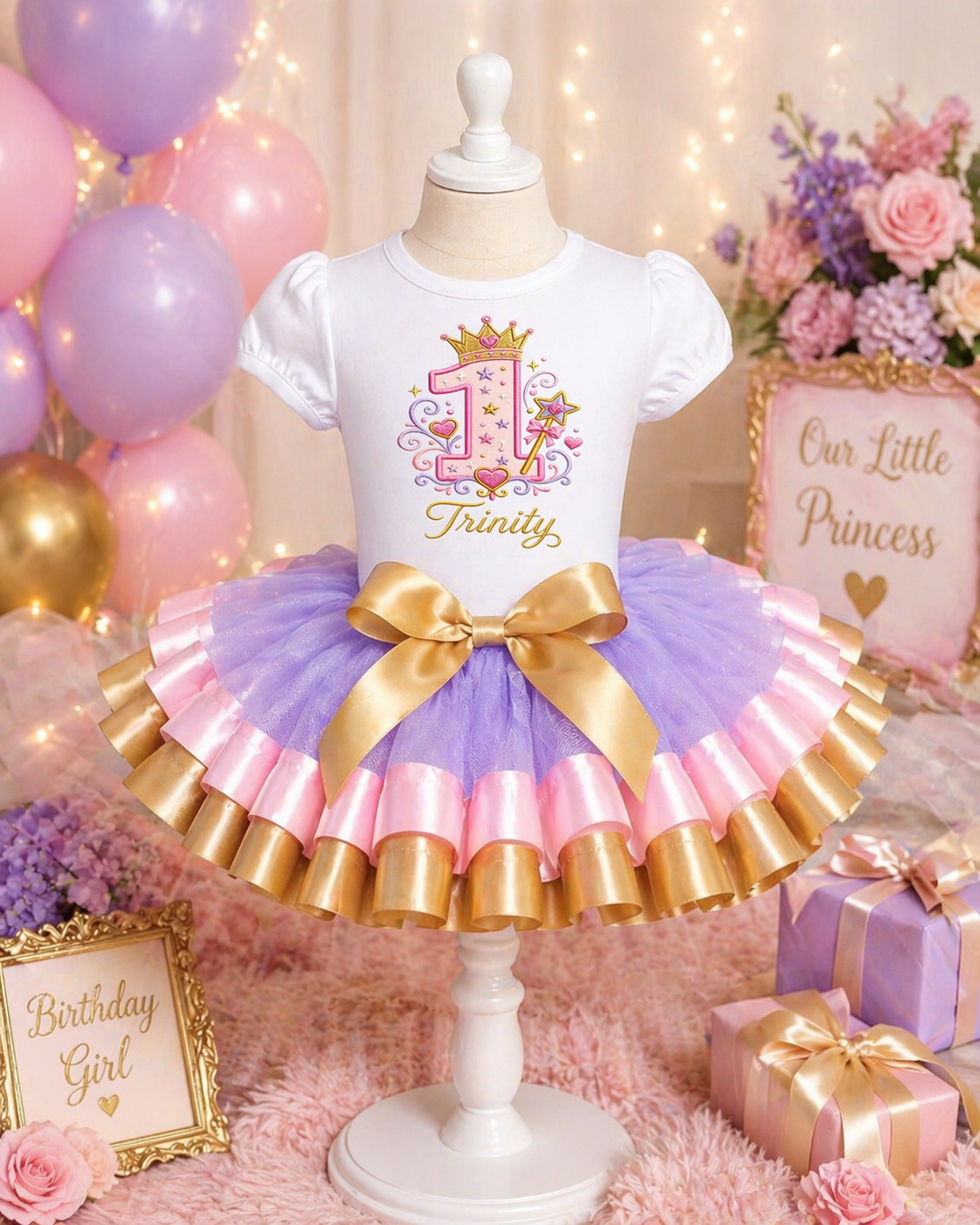Princess Theme 1st Birthday Tutu Outfit with a Embroidery Look (DTF Design Shirt)