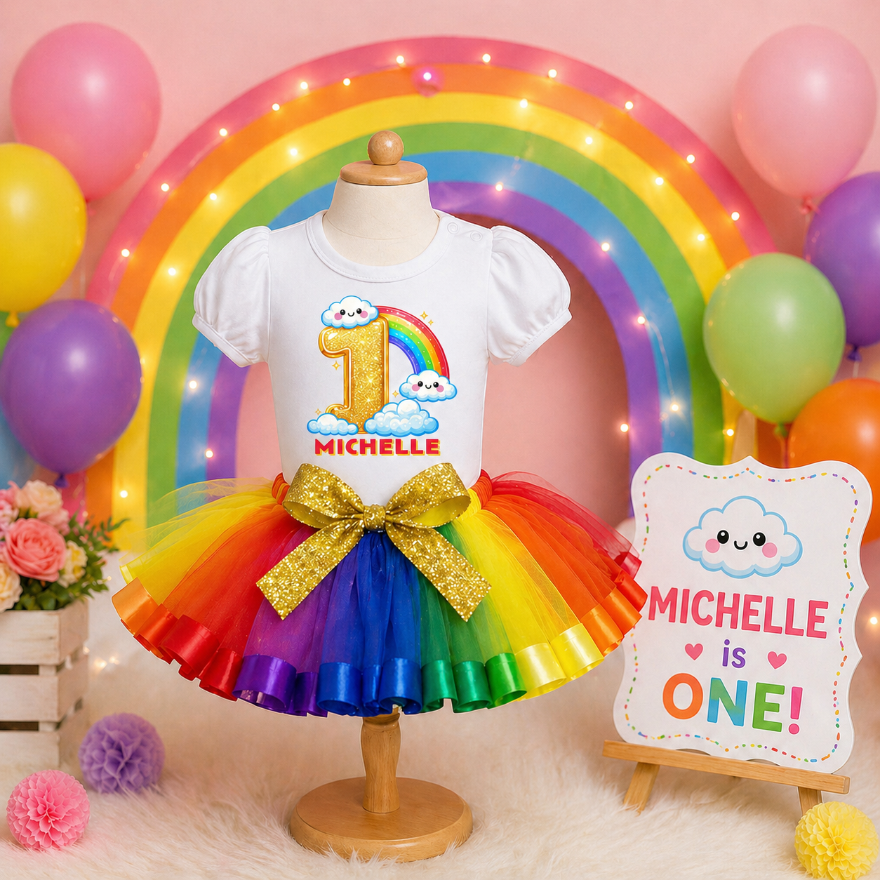 Children's outfit with rainbow skirt and birthday-themed shirt ages 1-5