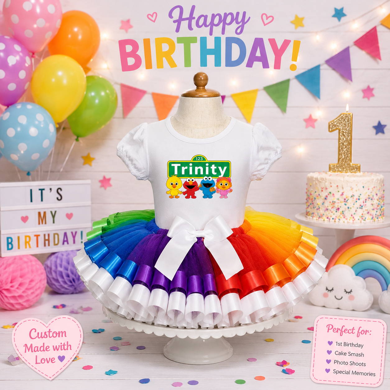 Birthday- themed outfit with rainbow colorful skirt for ages 1-5
