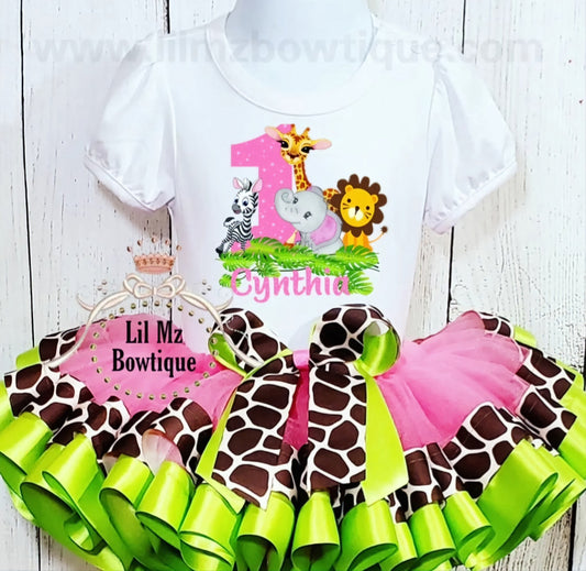 Safari theme tutu outfit with animal print bow and pink and green tulle skirt for toddlers
