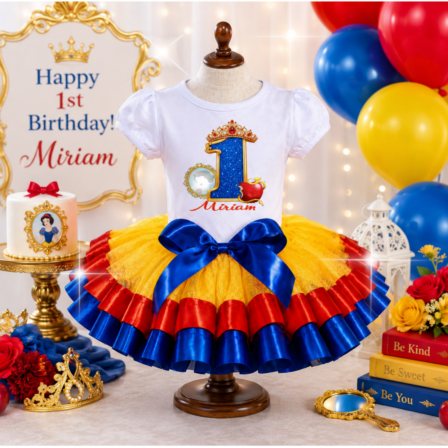 Snow White Inspired 1st Birthday Tutu Outfit, Princess Birthday Shirt and Tutu Set