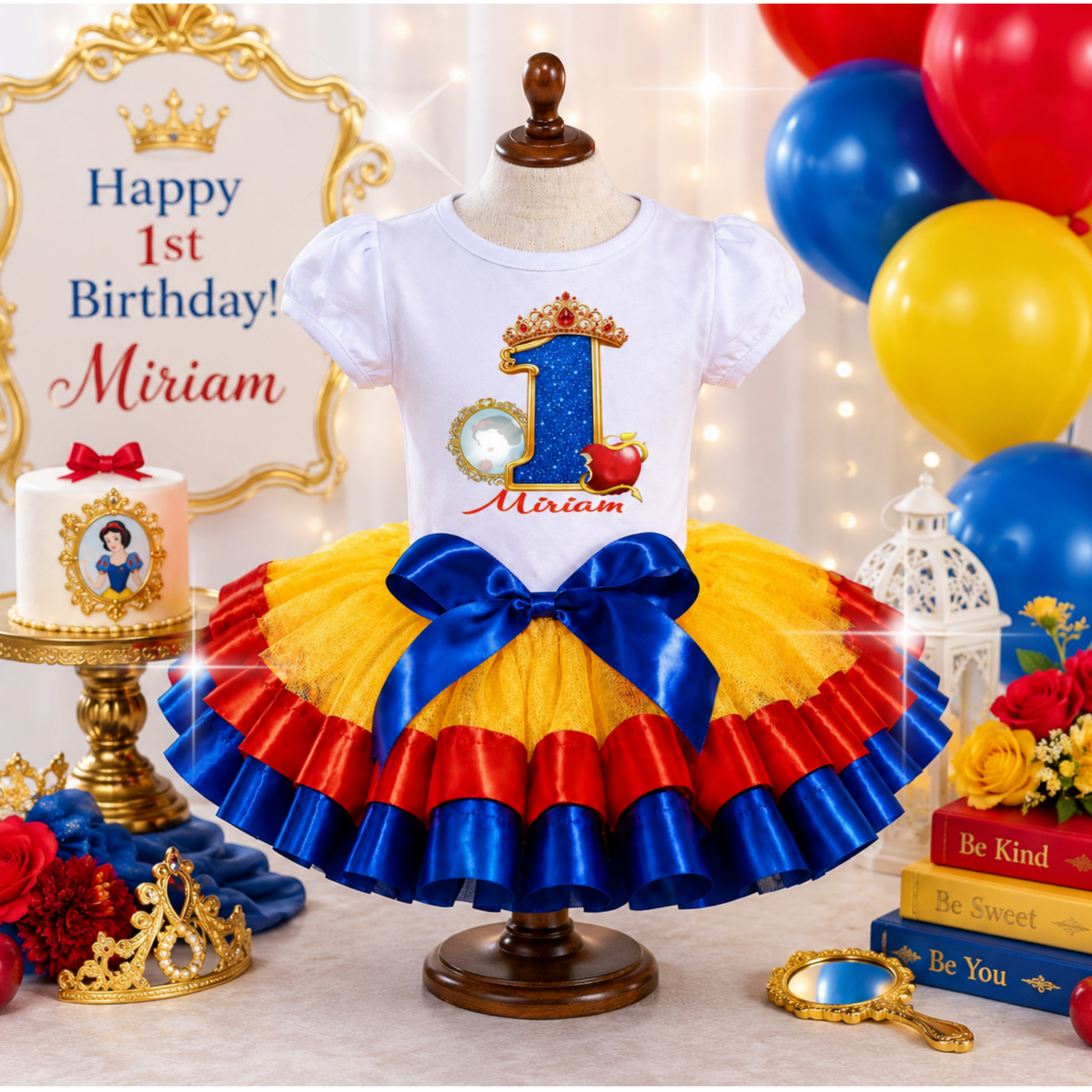 Snow White Inspired 1st Birthday Tutu Outfit, Princess Birthday Shirt and Tutu Set