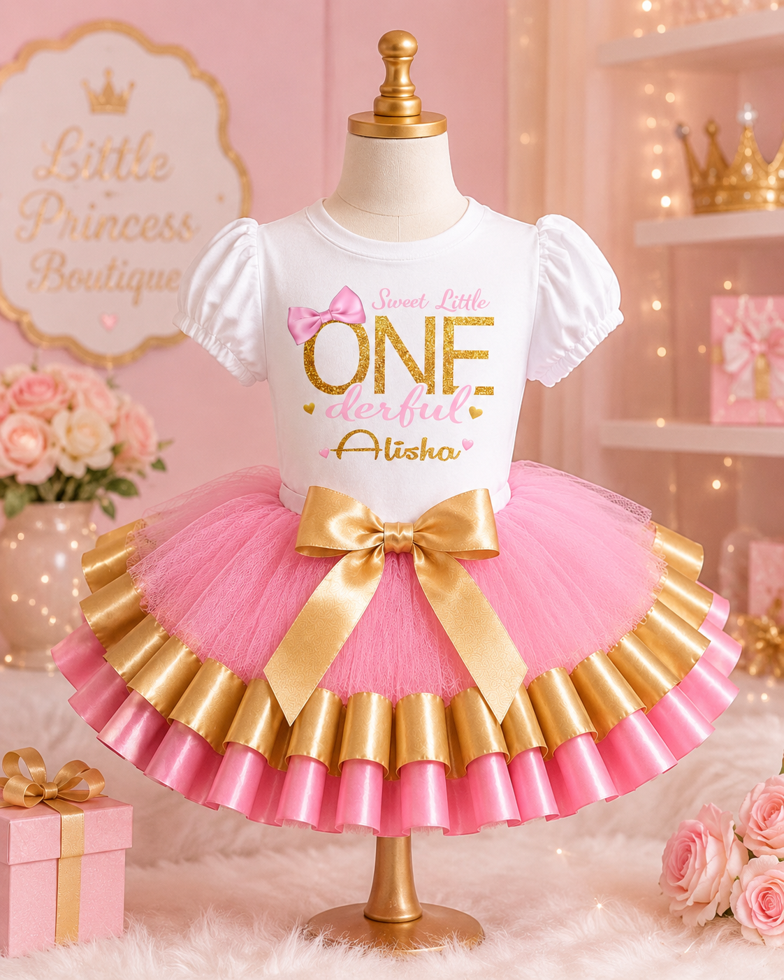 A children's first birthday dress displayed on a mannequin in a pink boutique setting. The outfit has a white short-sleeve top with puff sleeves and a gold and pink 'ONE wonderful Aisha' graphic, paired with a layered pink tutu skirt with gold ruffles and a large gold bow at the waist.