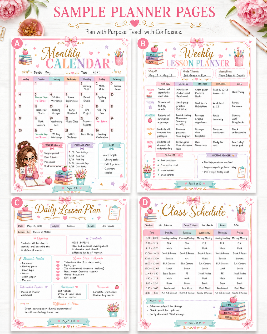 Printable Teacher Planner Bundle – 10 Page Undated Lesson & Classroom Organizer