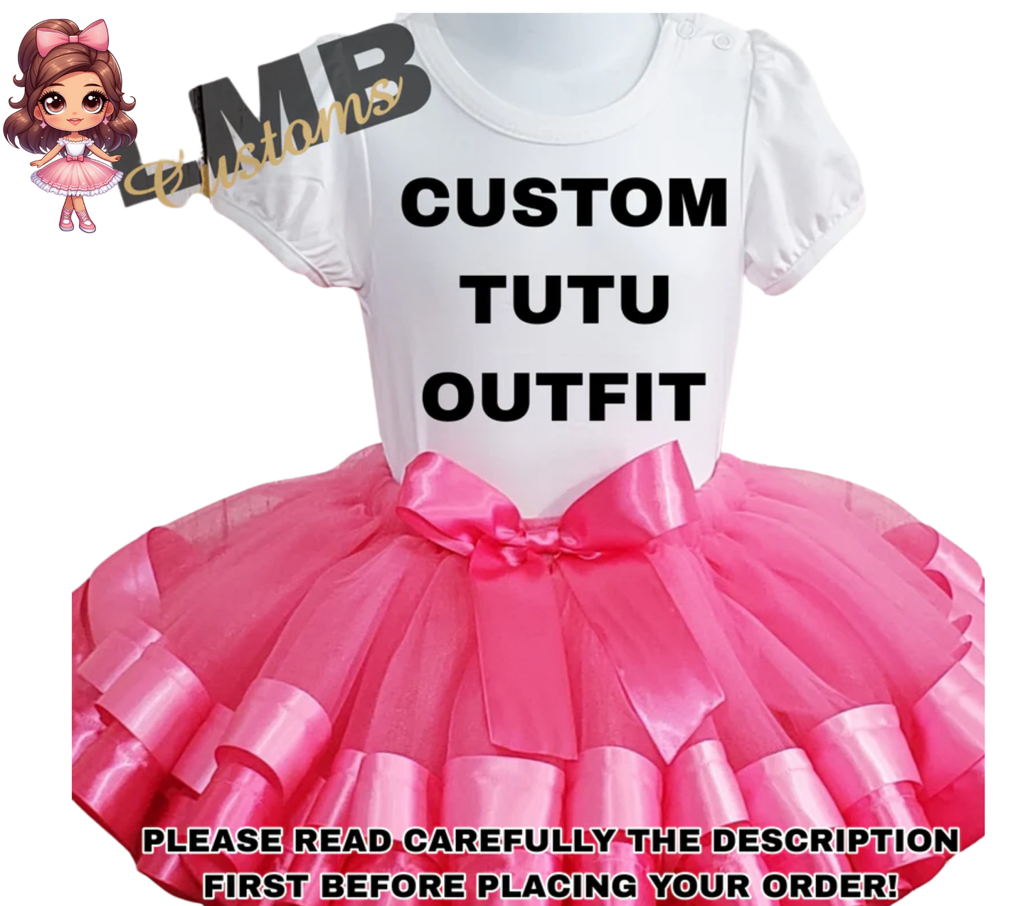 Custom pink tutu outfit with white top and double ribbon trim bow for girls