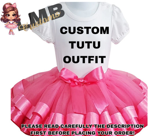 Custom pink tutu outfit with white top and double ribbon trim bow for girls