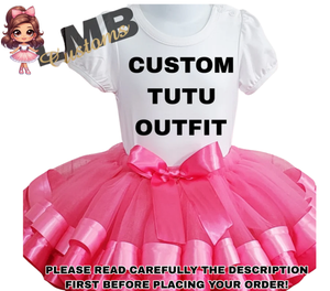 Custom pink tutu outfit with white top and double ribbon trim bow for girls