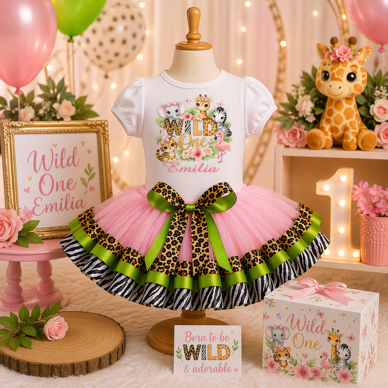 Wild One Safari Birthday Theme Tutu Outfit for Girls – Pink Leopard Zebra 1st Birthday Set