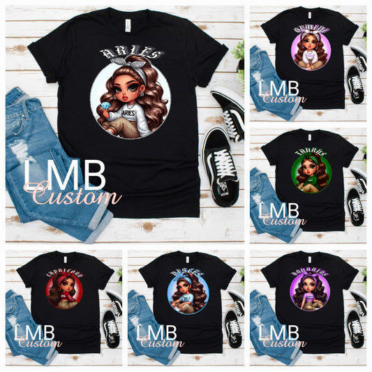 Zodiac Adult T-Shirt with illustrated Aries, Gemini, Taurus, Capricorn, Pisces, and Aquarius signs on black softstyle cotton tee