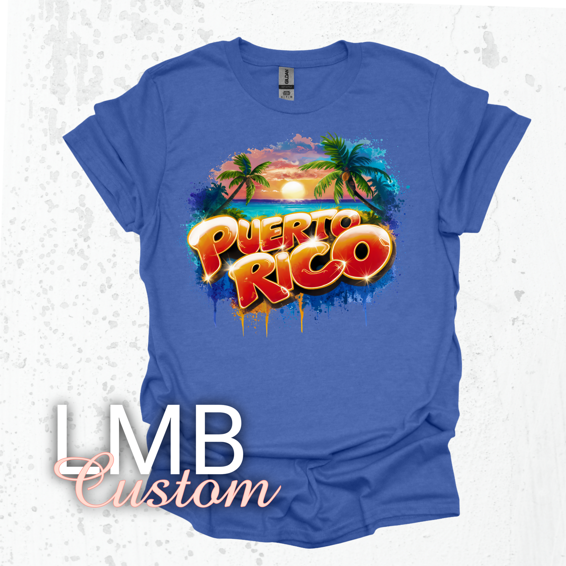 Puerto Rico Adult T-Shirt with tropical sunset and palm tree design on blue unisex softstyle cotton blend tee