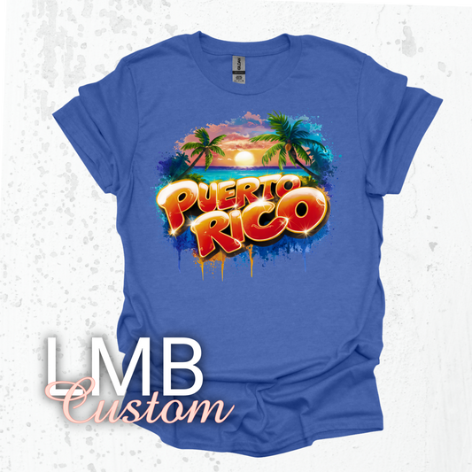 Puerto Rico Adult T-Shirt with tropical sunset and palm tree design on blue unisex softstyle cotton blend tee
