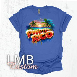 Puerto Rico Adult T-Shirt with tropical sunset and palm tree design on blue unisex softstyle cotton blend tee