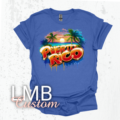 Puerto Rico Adult T-Shirt with tropical sunset and palm tree design on blue unisex softstyle cotton blend tee