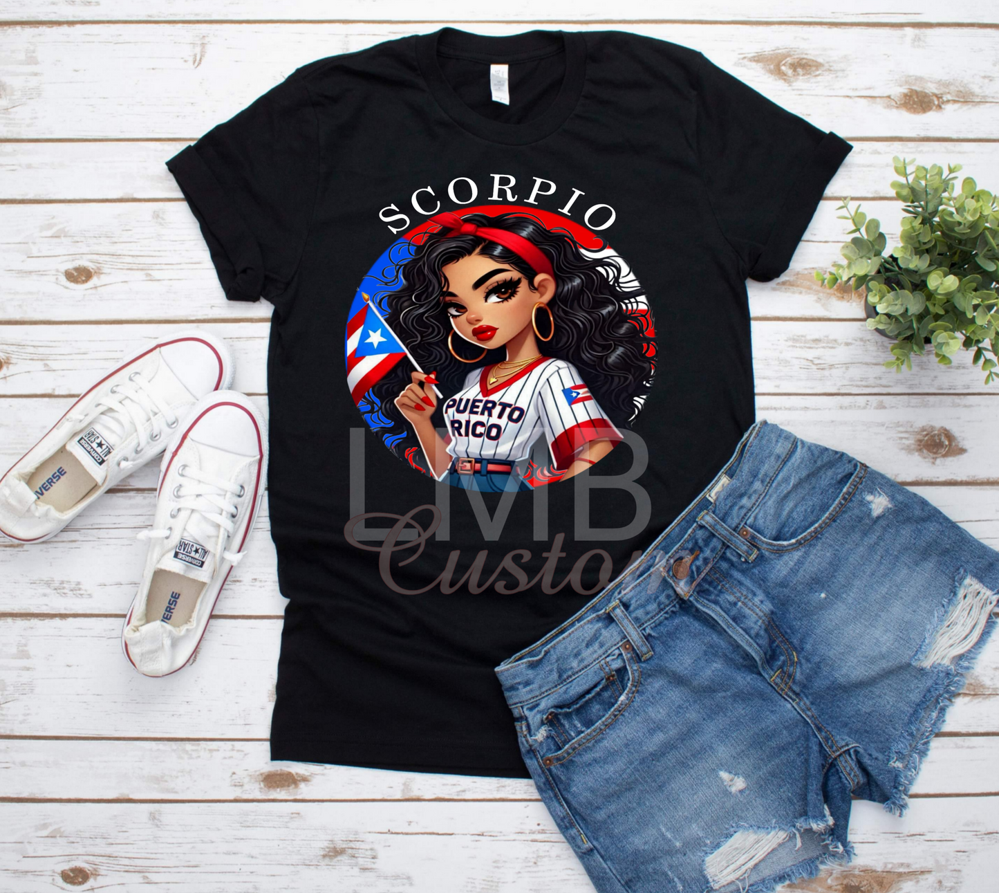 Black Puerto Rican Zodiac Scorpio t-shirt with graphic woman holding Puerto Rico flag.