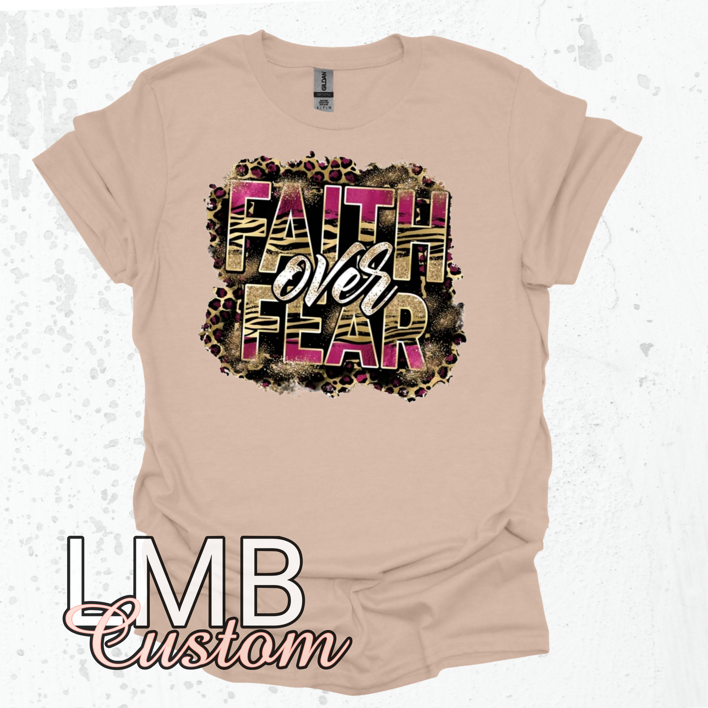 Faith Over Fear Adult T-Shirt with leopard print design on beige softstyle fabric