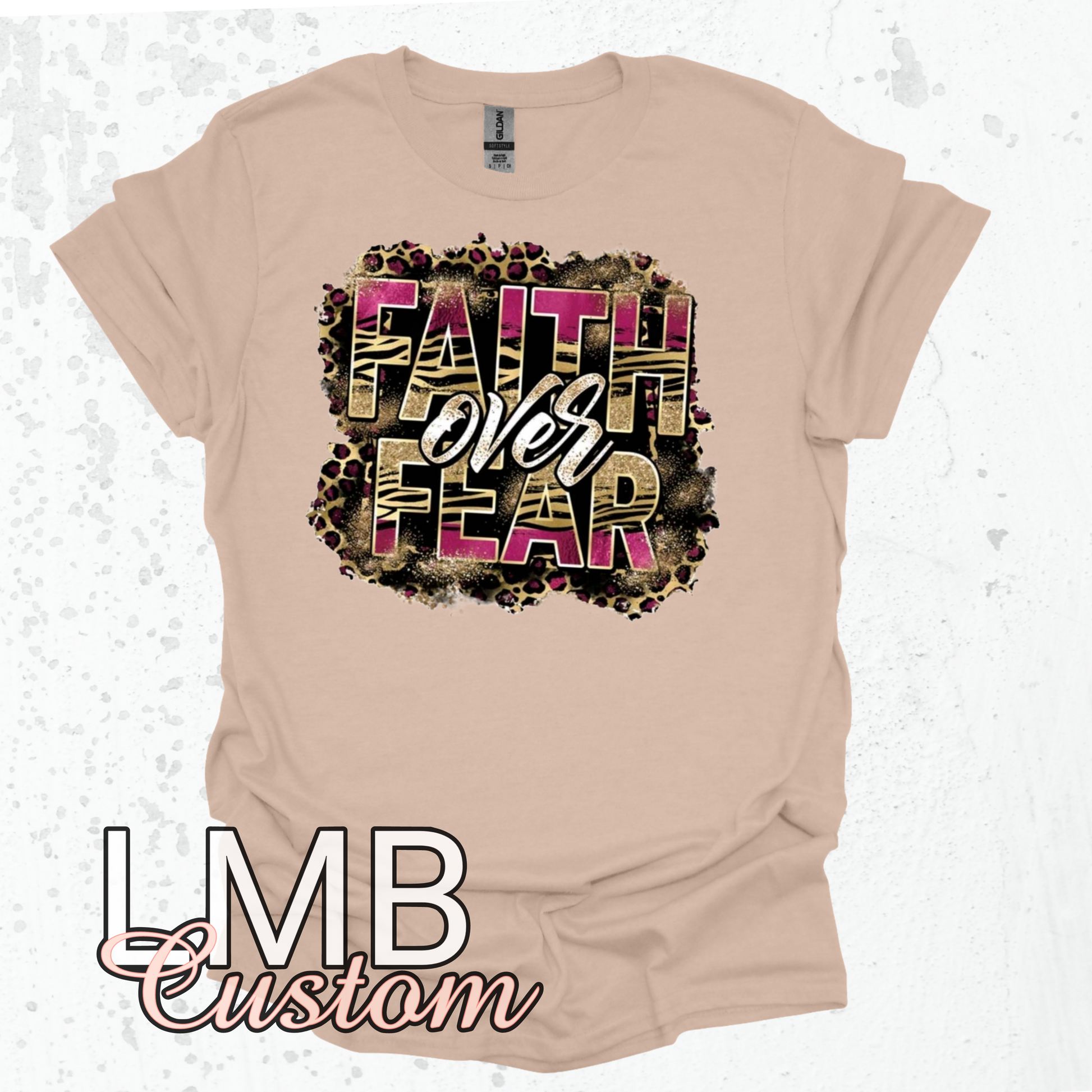 Faith Over Fear Adult T-Shirt with leopard print design on beige softstyle fabric