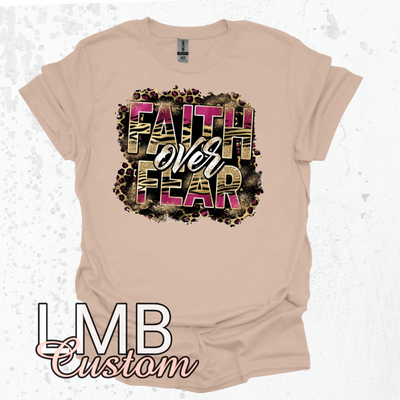 Faith Over Fear Adult T-Shirt with leopard print design on beige softstyle fabric