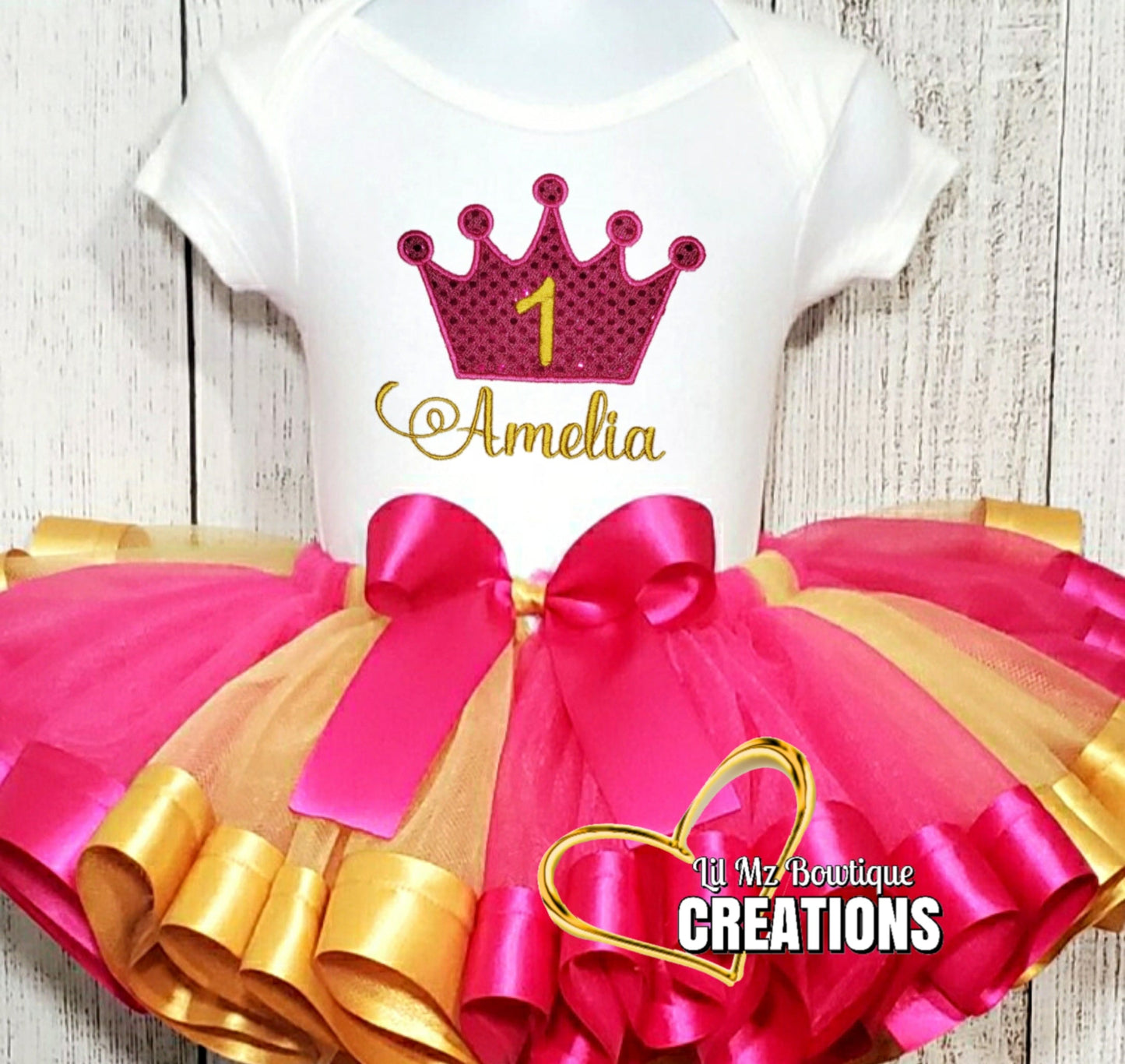 Princess crown birthday outfit with personalized name and number, pink and gold tutu with matching bow