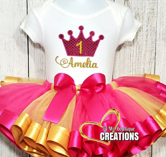 Princess crown birthday outfit with personalized name and number, pink and gold tutu with matching bow