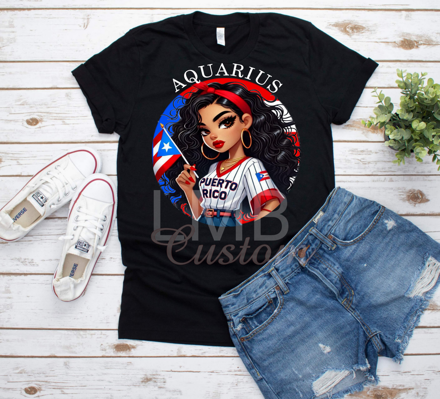 Black Puerto Rican Zodiac Aquarius T-shirt with illustrated woman and flag design