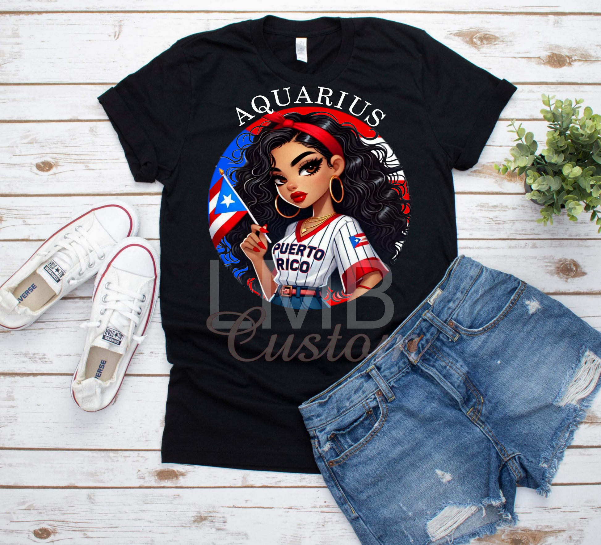 Black Puerto Rican Zodiac Aquarius T-shirt with illustrated woman and flag design