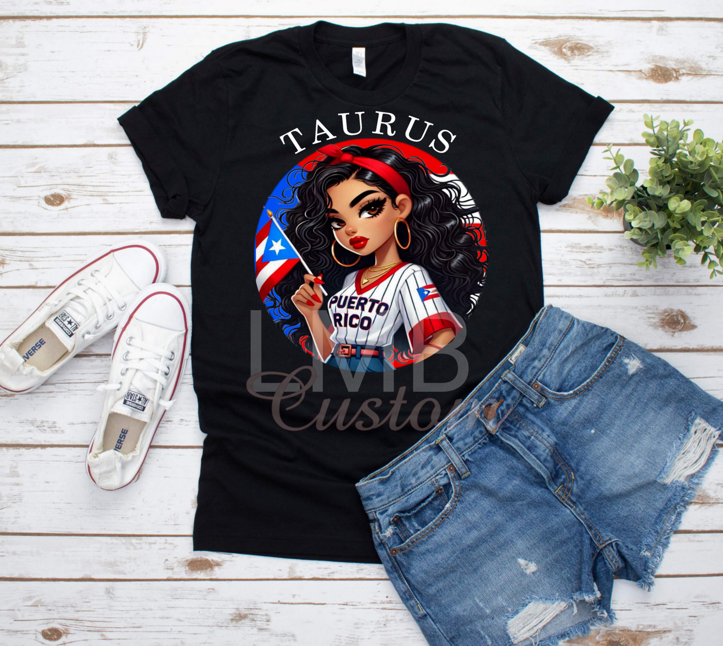 Puerto Rican Zodiac Taurus black t-shirt with Puerto Rico flag and cartoon woman design