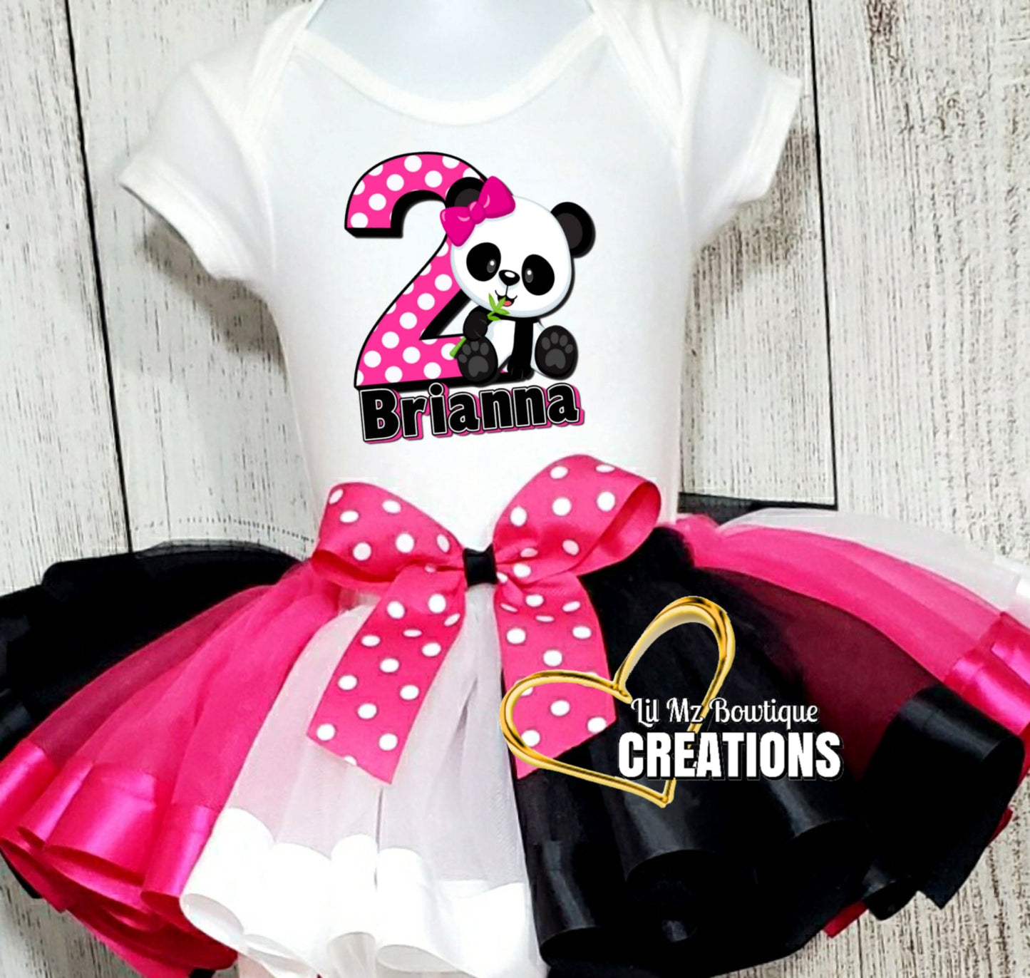 Panda Bear Tutu Outfit with personalized name and number on white shirt, pink and black tutu with polka dot bow for toddler birthday