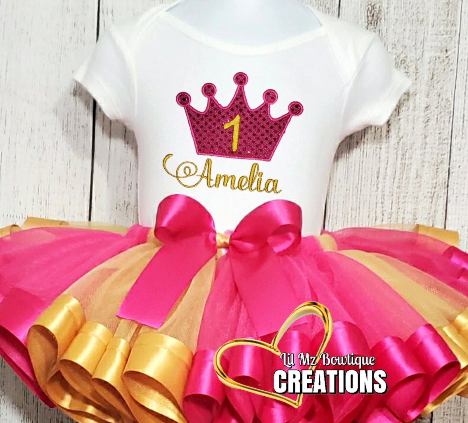 Princess Crown Birthday tutu outfit with pink and gold tulle skirt and personalized embroidered crown shirt