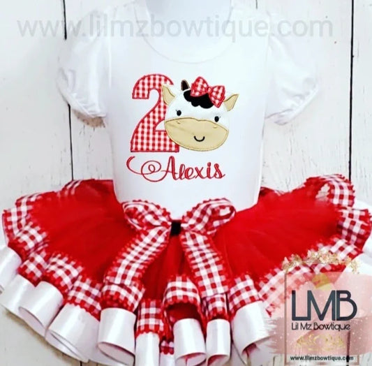Cow theme birthday tutu outfit with red gingham tulle skirt and embroidered cow bodysuit