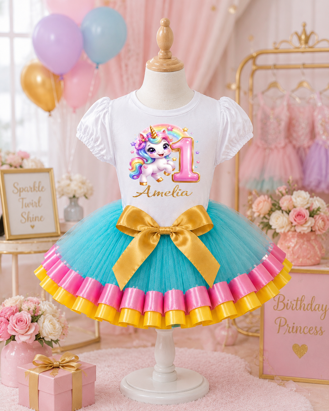 Personalized Unicorn 1st Birthday Tutu Outfit for Girls – Aqua & Pink