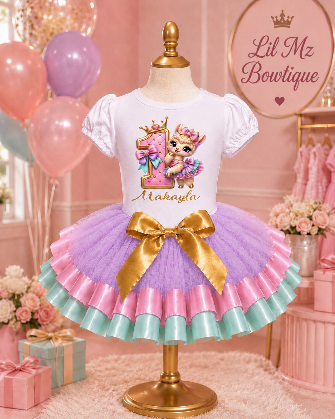 Personalized Llama 1st Birthday Tutu Outfit for Girls | Lavender Pink Aqua Birthday Shirt & Tutu Set | Custom Name