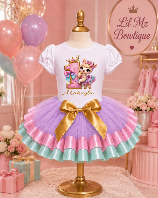 Personalized Llama 1st Birthday Tutu Outfit for Girls | Lavender Pink Aqua Birthday Shirt & Tutu Set | Custom Name
