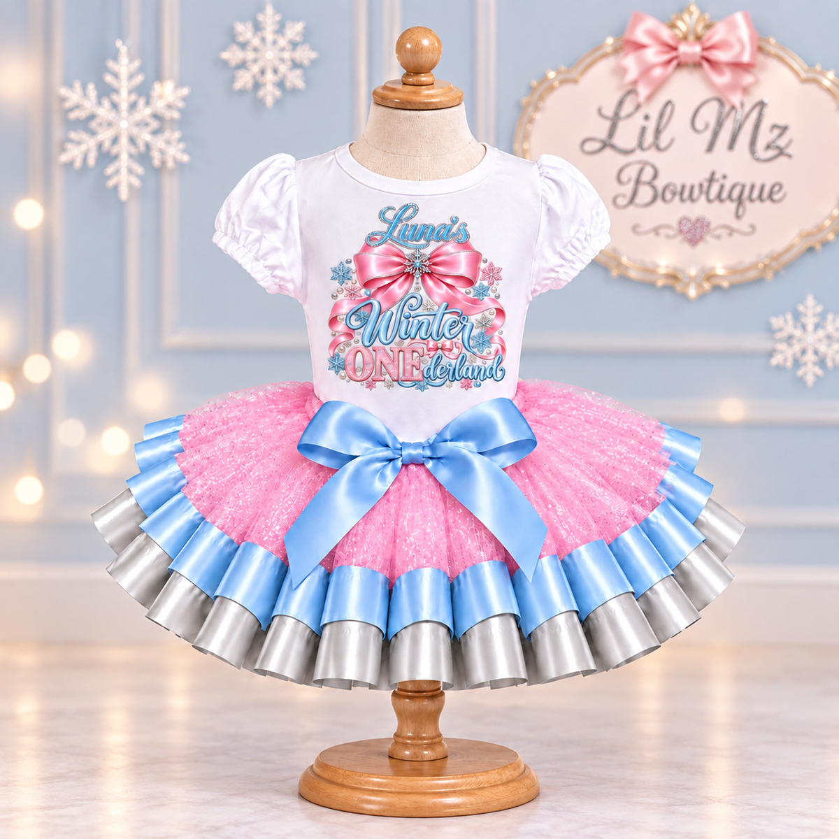 Coquette Winter ONEderland First Birthday Tutu Outfit | Pink & Blue & Silver