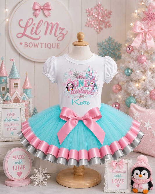 Winter ONEderland Birthday Tutu Outfit – Personalized Pink, Aqua & Silver 1st Birthday Set