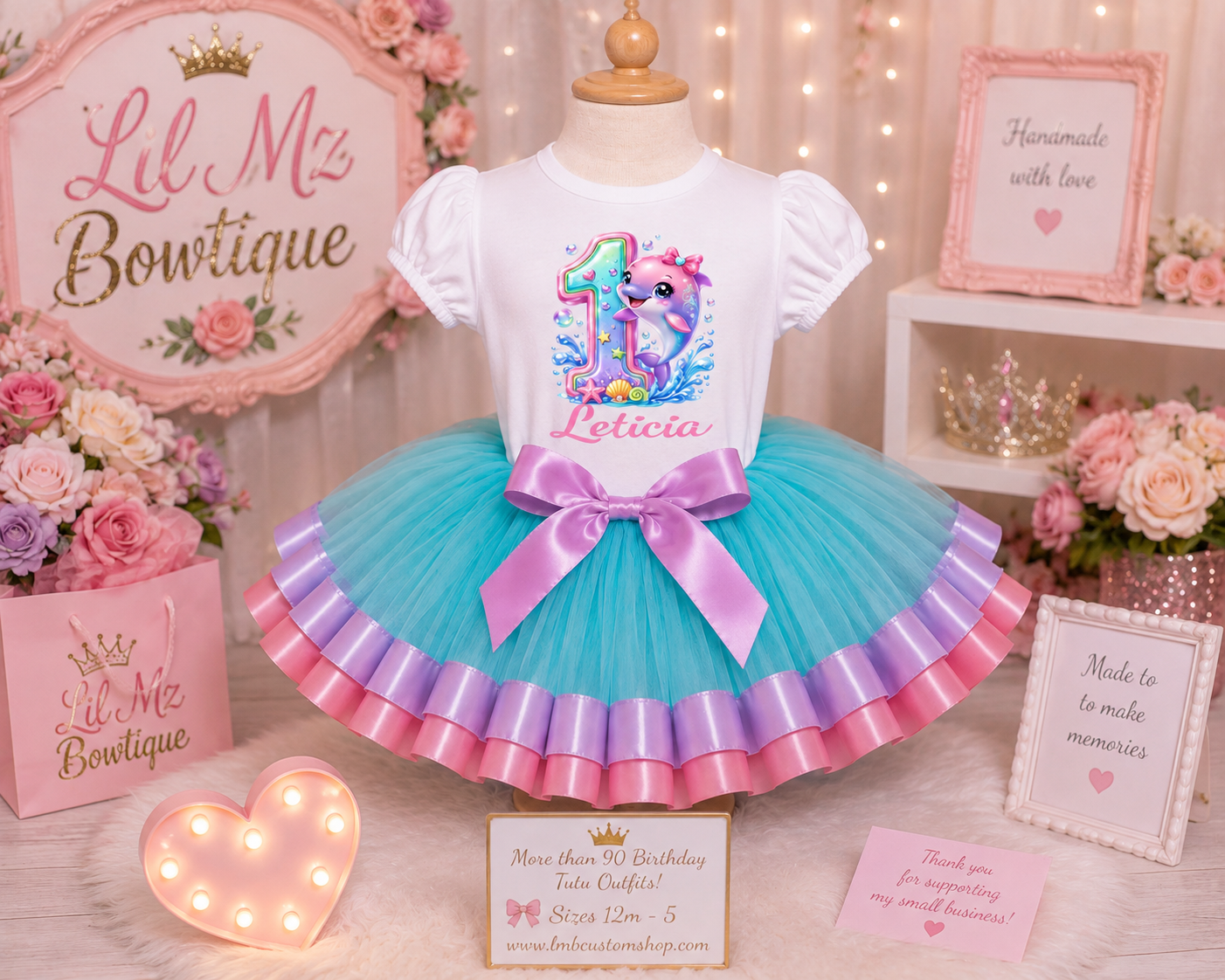 Personalized Dolphin 1st Birthday Tutu Outfit for Girls | Aqua, Pink & Lavender