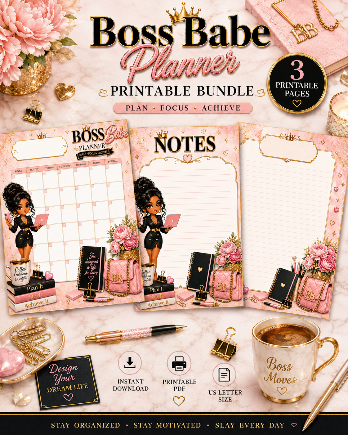 Boss Babe Planner Printable Bundle, Blank Monthly Calendar & Notes Pages, Pink Gold Feminine Planner PDF, Instant Digital Download