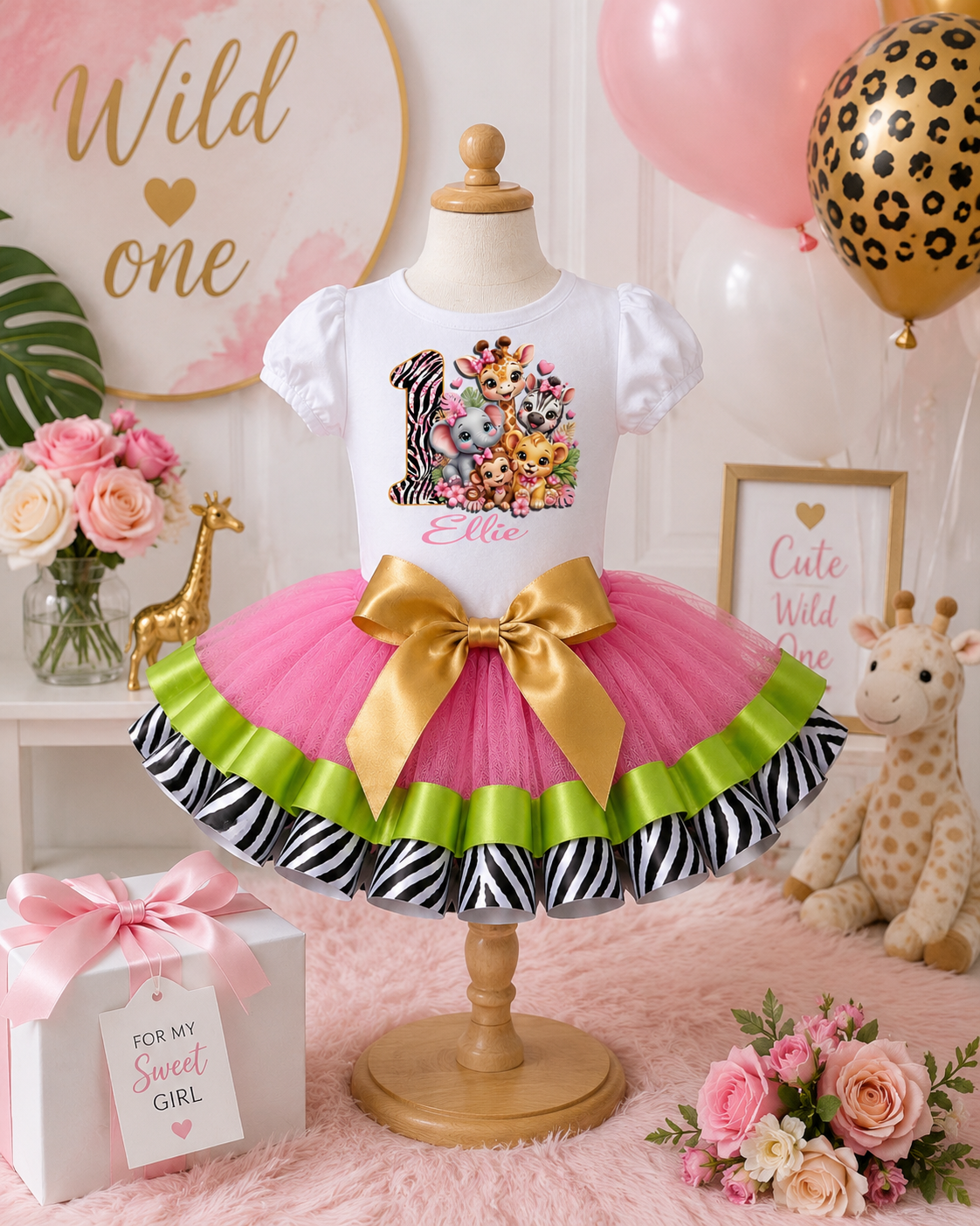 Personalized Safari First Birthday Tutu Outfit for Girls, Pink Gold Lime Wild One Set, Baby Girl 1st Birthday Outfit